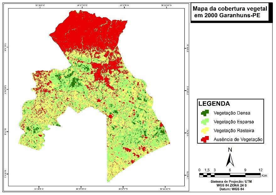 3. Resultados e Discussão A partir, da realização da classificação supervisionada das imagens de NDVI, foram confeccionados mapas da cobertura vegetal do município de Garanhuns PE, com os anos 2000 e