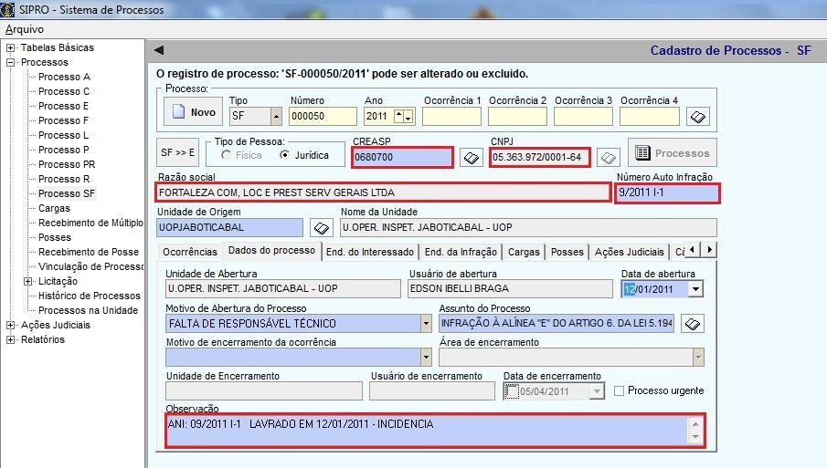 Numeração do Auto de Infração do processo SF O primeiro tópico que iremos verificar é referente ao número de auto de infração (ANI) dos processos SF e E.