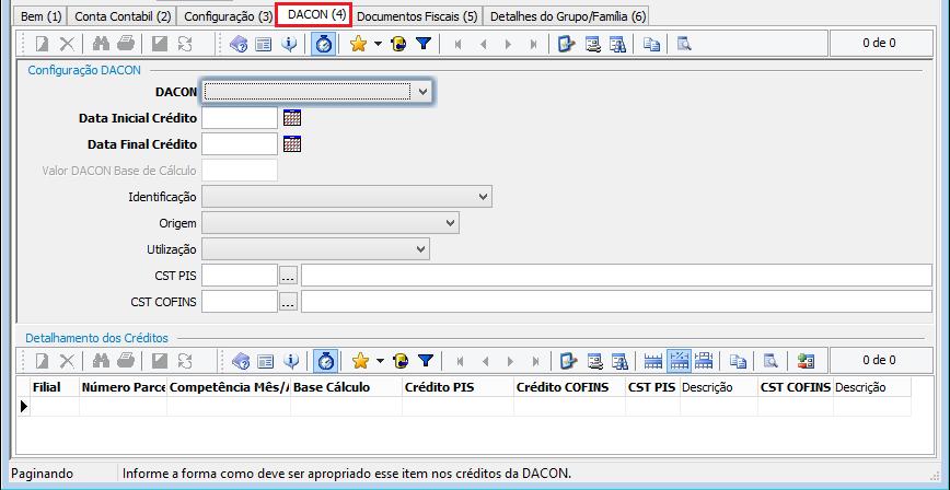 2.1.4: Aba (4) Dacon Dacon: Informar o tipo de controle que o bem vai ter para a Dacon; Data Inicial Crédito: Informar a data inicial para início da utilização do crédito do bem para o PIS e COFINS;