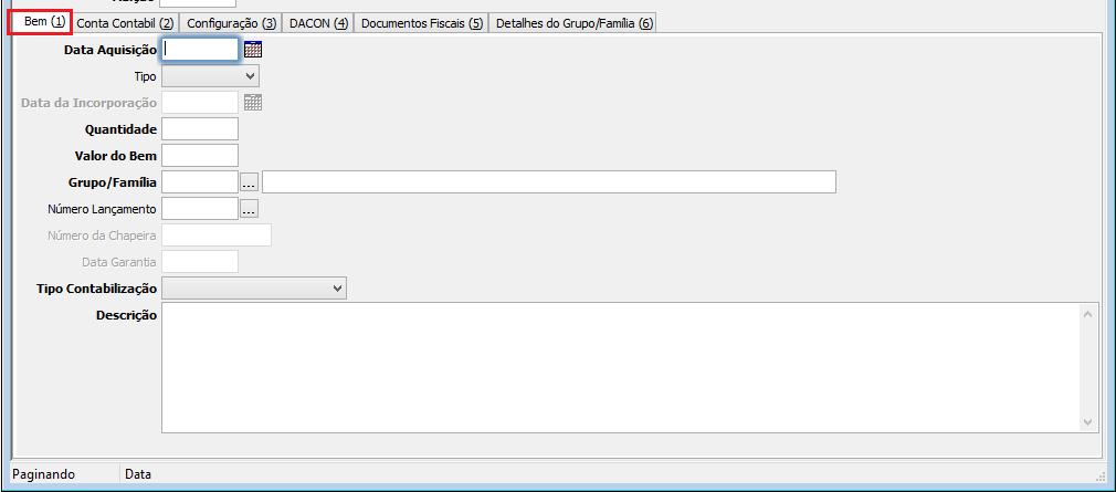 2.1.1: Aba (1) Bem Data Aquisição: Esta data representa a entrada do bem na empresa.