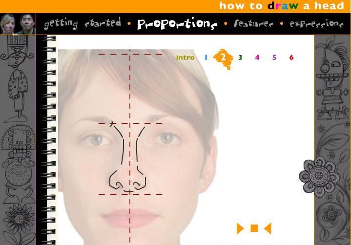Ao aceder a proportions visualizamos uma animação continuada e crescente sobre as linhas que podem ser geradas para o desenho do rosto e respectivas proporções.