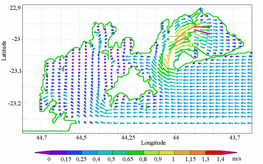 6.1.3.2 Corrente As figuras 6.21 a 6.24 mostram exemplos do campo de velocidade e direção de corrente obtidos em situação de maré vazante e enchente para os períodos de sizígia e quadratura.