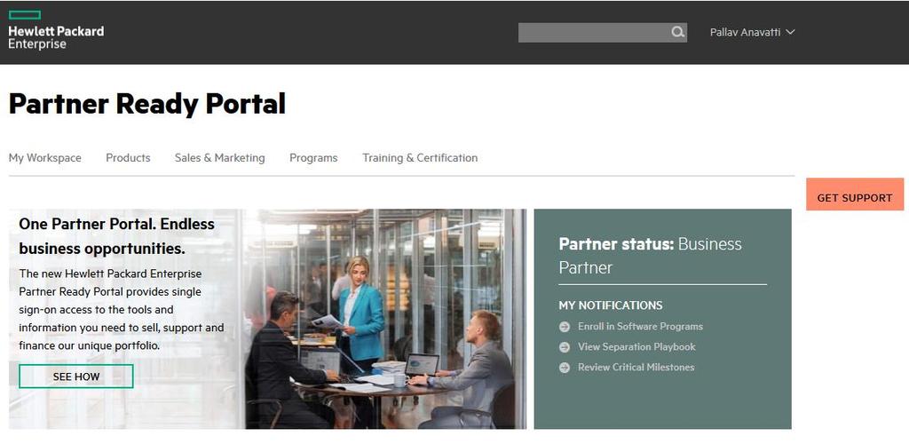 Home Page do Partner Ready Portal (visão do parceiro) A imagem ao lado mostra a home page do Partner Ready Portal após o parceiro da Hewlett Packard Enterprise efetuar o login.