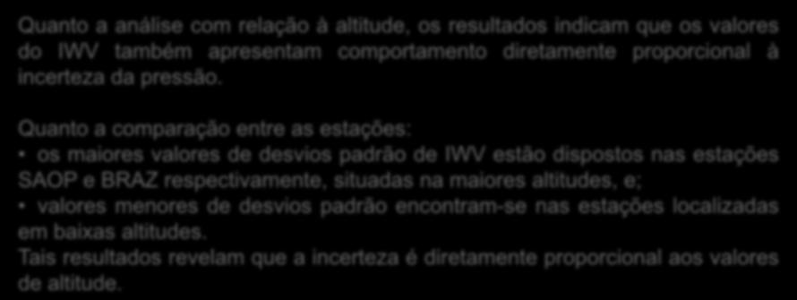 Experimento Quanto a análise com relação à altitude, os resultados indicam que os valores do IWV também apresentam comportamento diretamente proporcional à incerteza da pressão.