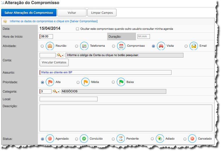 Ao selecionar o status Adiado o CRM Senior habilita novas opções na tela: Veja que o CRM Senior apresenta a opção de