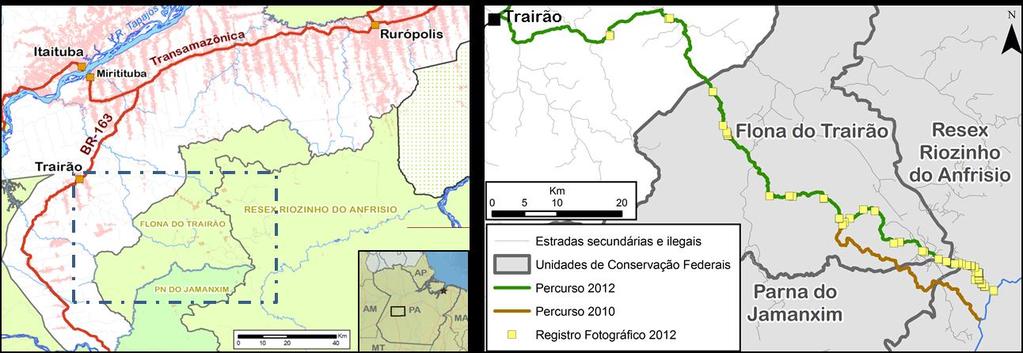 Figura 1. Esquerda: área de estudo e entorno. As áreas em vermelho indicam desmatamento por corte raso até 2011 (fonte PRODES). As áreas verdes correspondem a áreas protegidas.