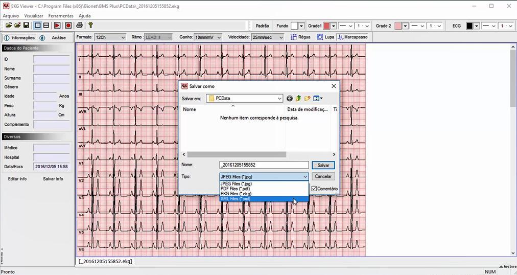 7. Escolha o formato XLM e salve o exame. 8.
