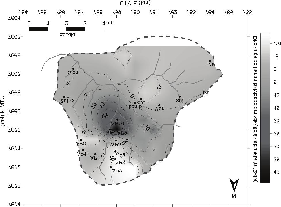 Métodos geofísicos para a caracterização hidrogeológica da microbacia Andes Figura 17 Mapa da diferença de transmissividade obtida dos testes de vazão em relação à transmissividade calculada do
