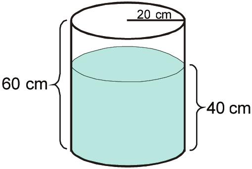 ixação ) (UERJ) Um recipiente cilíndrico de 60 cm de altura e base com 20 cm de raio está sobre uma uperfície plana horizontal e contém água até a altura de 40 cm, conforme indicado na figura.