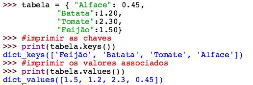 Dicionários Podemos obter o conjunto de chaves do dicionário, ou mesmo uma lista dos valores associados Observe que o retorno dos métodos keys() e