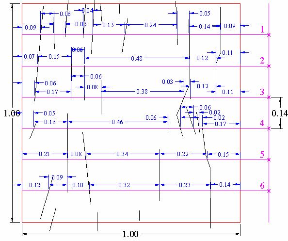 histogramas do espaçamento. Figura 3.35 Linhas de referência traçadas dentro da janela amostral e medição do espaçamento entre descontinuidades (distâncias em metros).