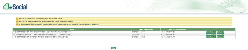 Após o término do processo, deve-se aguardar o retorno dos arquivos (que estarão disponíveis clicando na opção Download, como já descrito acima).