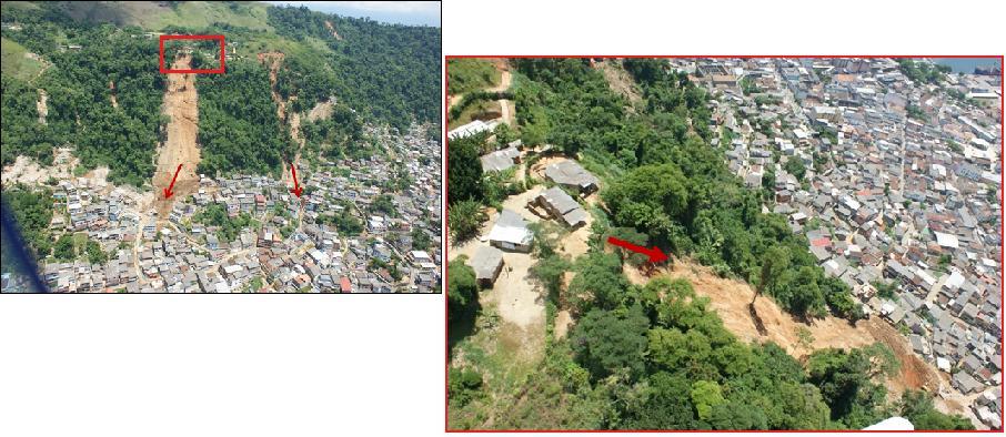 Fig. 4 e 5. Deslizamento no Morro da Carioca em detalhe. Uma saída d água detonou o deslizamento.