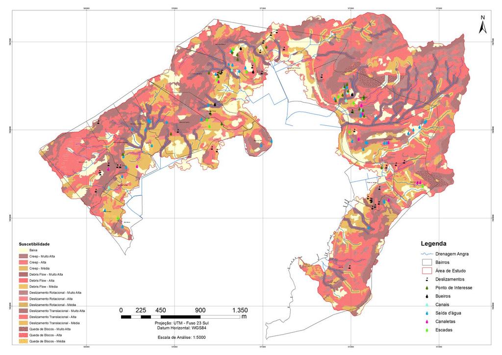 Mapa de susceptibilidade e distribuição espacial das injeções pontuais de água no solo da área