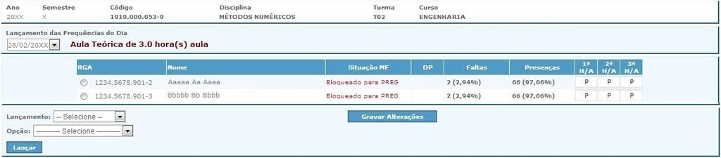 Para alterar o dia letivo, basta clicar na seta situada no lado esquerdo da tela e selecionar a data que desejar.