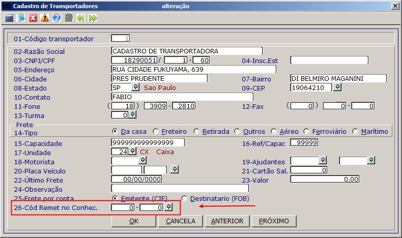 código deste cliente novo (Transportadora) e vincular no cadastro da transportadora no