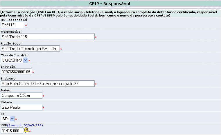 3) Parametrizando o Responsável da GFIP Menu: