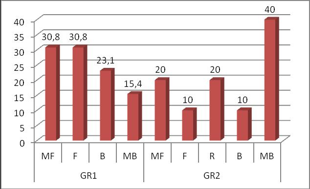 No GR1 três indivíduos tiveram o desempenho MF, o que corresponde a 23,1% da amostra (n=3); cinco indivíduos F = 38,5% (n=5); um indivíduo R = 7,7% (n=1); um indivíduo B = 7,7% (n=1) e três