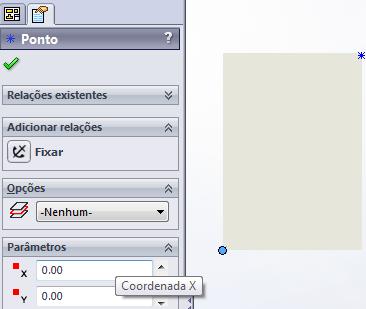 Crie dois pontos conforme ilustração abaixo. Selecione o ponto conforme ilustração e informe os parâmetros das coordenadas X e Y com valor igual a Zero e após clique em Fixar.