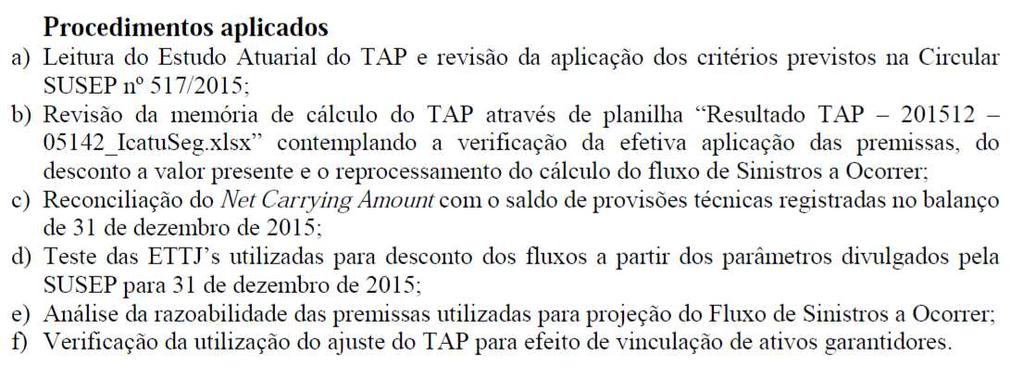 TAP Observações Susep: Não se limitaram à leitura do relatório do TAP.