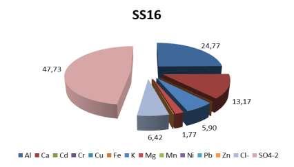 Também na Tabela 1 e na Figura 10, verifica-se que na amostra SS16 as concentrações de Fe, Zn e Ni são menores que 1mg.L -1 e o teor de Ca e Al correspondem a 82,05% do total dos metais presentes.