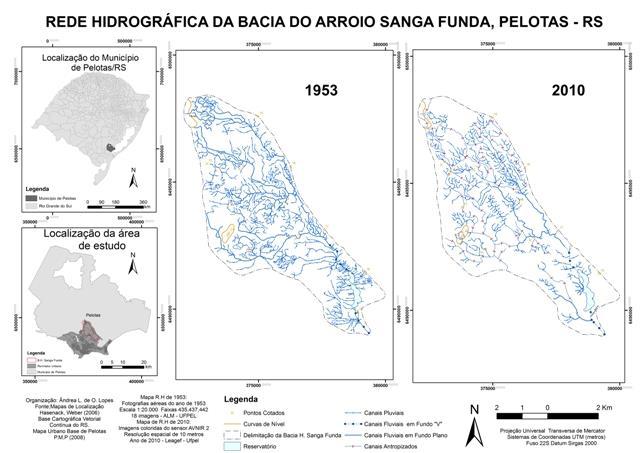 Figura 1 Extensão linear dos canais da rede de drenagem (1953-2010) da bacia hidrográfica do