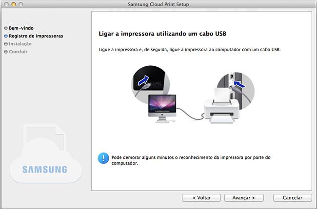Instalando o Samsung Cloud Print Se a impressora está conectada ao USB Se você deseja registrar a impressora após a instalação do aplicativo Samsung Cloud Print em um