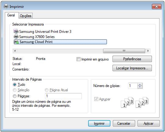 Enviando e imprimindo documentos Esta seção fornece instruções sobre como enviar documentos a partir do programa de aplicativo para usuários (números de telefone) registrados com Samsung Cloud
