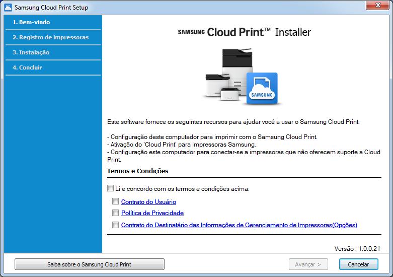 Instalando o Samsung Cloud Print 1 Windows 1 Faça o download do aplicativo para PC Samsung Cloud Print no site da Samsung (https://www.