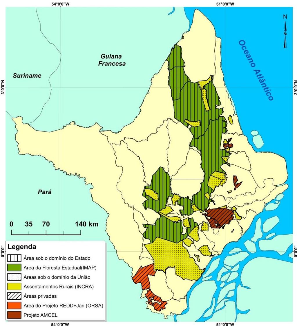 Figura 2: Áreas com projetos de manejo florestal no Amapá e entes territorializantes. REDD-Redução de Emissões por Desmatamento e Degradação. Fonte: Elaboração.