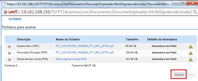 Ao clicar em Assinar Todos é apresentada uma janela com todos os documentos listados > clique em Assinar > selecione o cerfficado