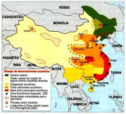 Os desníveis e contraste internos da China O desnível entre as partes oriental (capitalista) e ocidental (socialista): Econômicos e sociais: