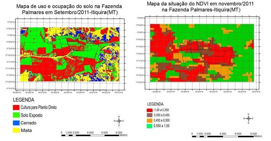 as imagens MODIS/NDVI, apesar da diferença existente entre o tamanho dos pixels de cada imagem e dos valores de NDVI dos talhões da Fazenda Palmares. a) b) Figura 4.