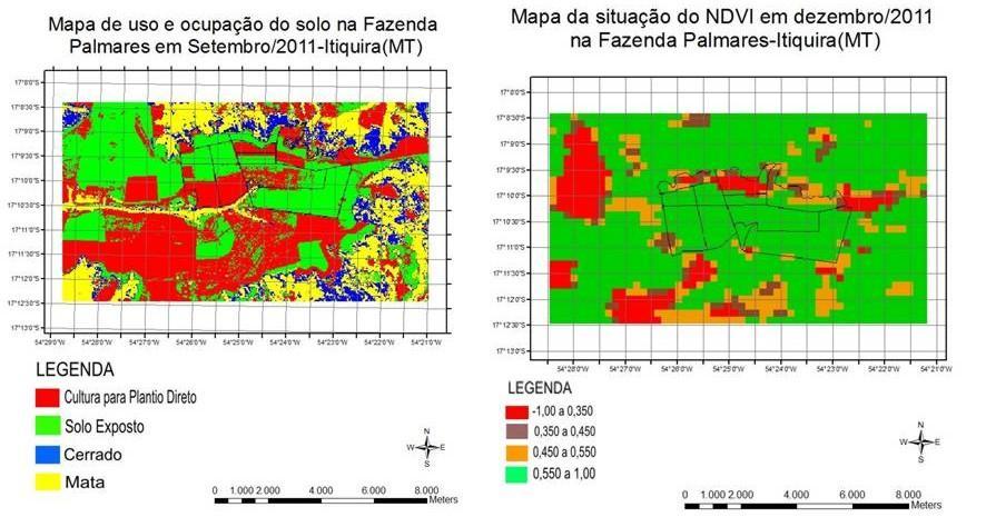 Sobre imagem Landsat/TM do dia 06/09/2011; b) Por classificação unidimensional sobre valores de NDVI em imagens MODIS doa dia 01/11/2011. a) b) Figura 5.