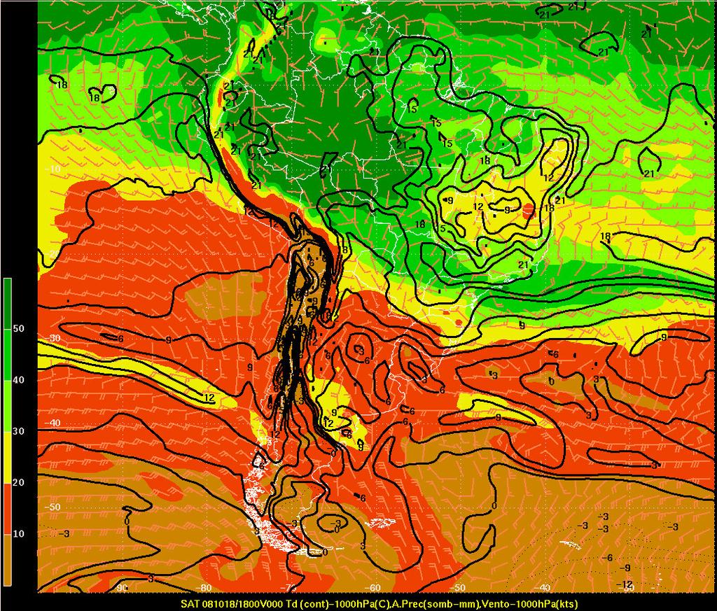 norte do Brasil, para o interior do continente sobre o TO e redondezas o que indicava um aumento do potencial para instabilidade observada inclusive no campo de água previpitável.