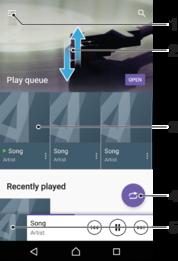 15 Reproduzir canções aleatoriamente na fila de espera de reprodução atual Ecrã inicial da aplicação Música 1 Tocar rapidamente em no canto superior esquerdo para abrir o menu Música 2 Deslocar-se