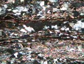 Estão dispostos em bandamentos quartzosos cristais submilimétricos (< 0,1 mm) e milimétricos (até 3 mm) com predomínio dos submilimétricos.