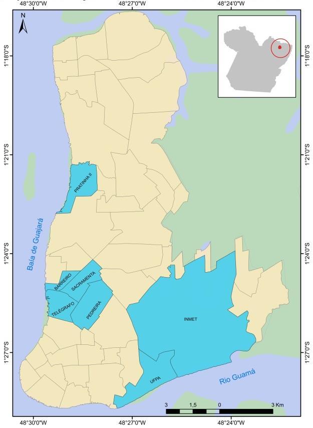 Figura 2 - Mapa da localização das áreas de estudo da Cidade de Belém - PA. Fonte: (Do autor, 2015) Foi levada em consideração na confecção dos pluviômetros a técnica de Assunção e Assis (1997).