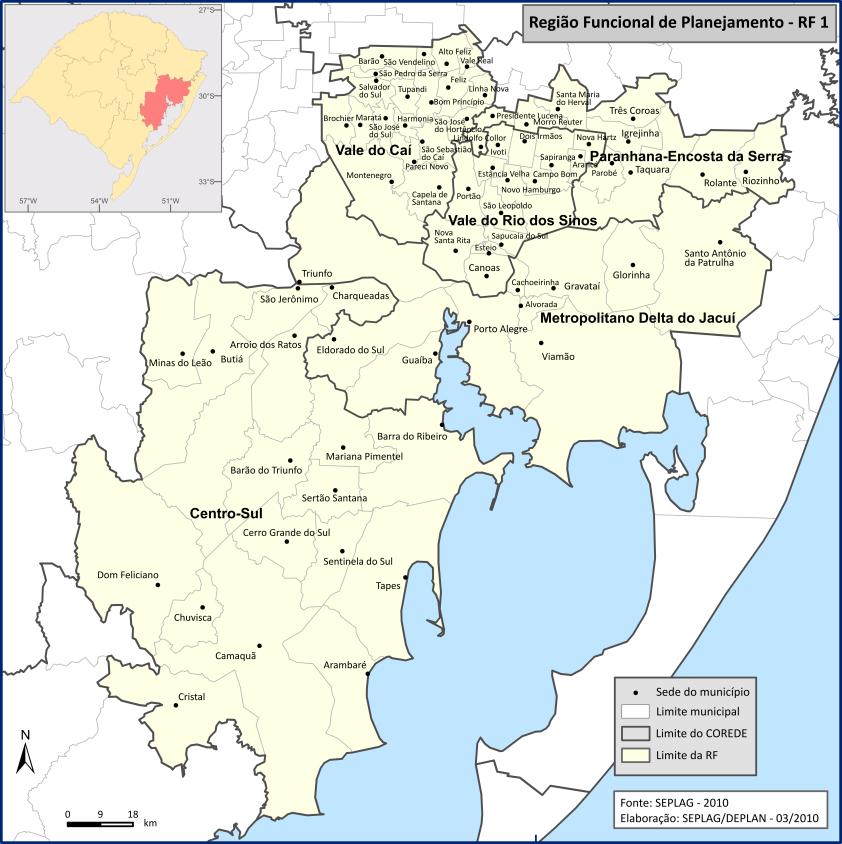 Região Funcional de Planejamento 1 Metropolitano Delta do Jacuí, Vale do Rio dos Sinos, Vale do Caí, Paranhana Encosta da Serra e Centro Sul.