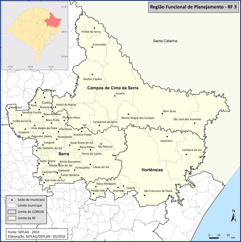 Região Funcional de Planejamento 3 COREDEs Serra, Hortênsias e Campos de Cima da Serra População: 10% do Estado Serra: 862 mil Hortênsias: 127 mil Campos de Cima da Serra: 98 mil PIB: 12, 6% do