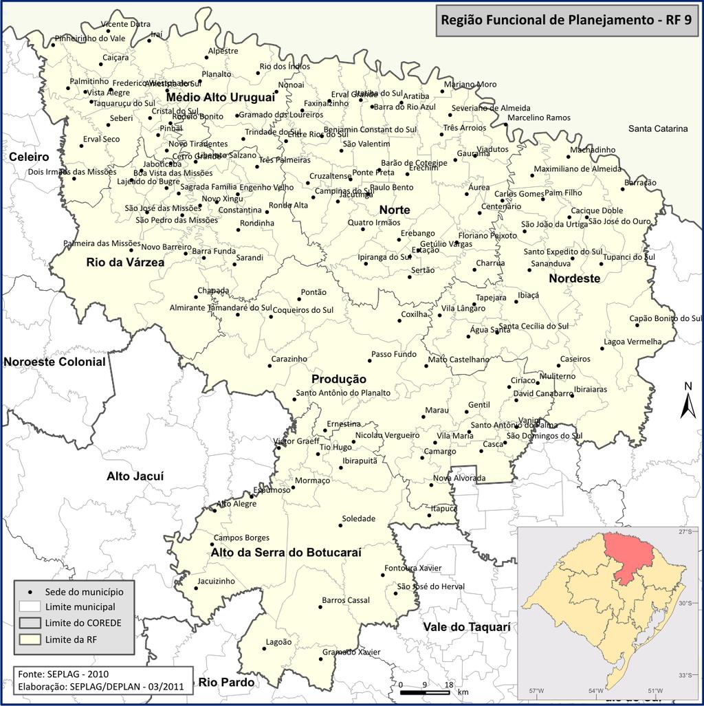 Região Funcional de Planejamento 9 COREDEs Médio Alto Uruguai, Rio da Várzea, Produção, Norte, Nordeste e Alto da Serra do Botucaraí. População (2010): 1.069.