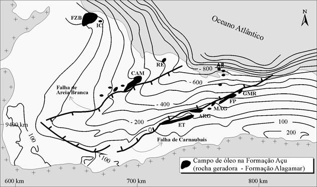 Debora do Carmo Sousa et al. Figura 11 - Mapa de contorno estrutural do topo da Formação Açu, com a distribuição dos campos de óleo na referida formação (porção onshore da Bacia Potiguar).