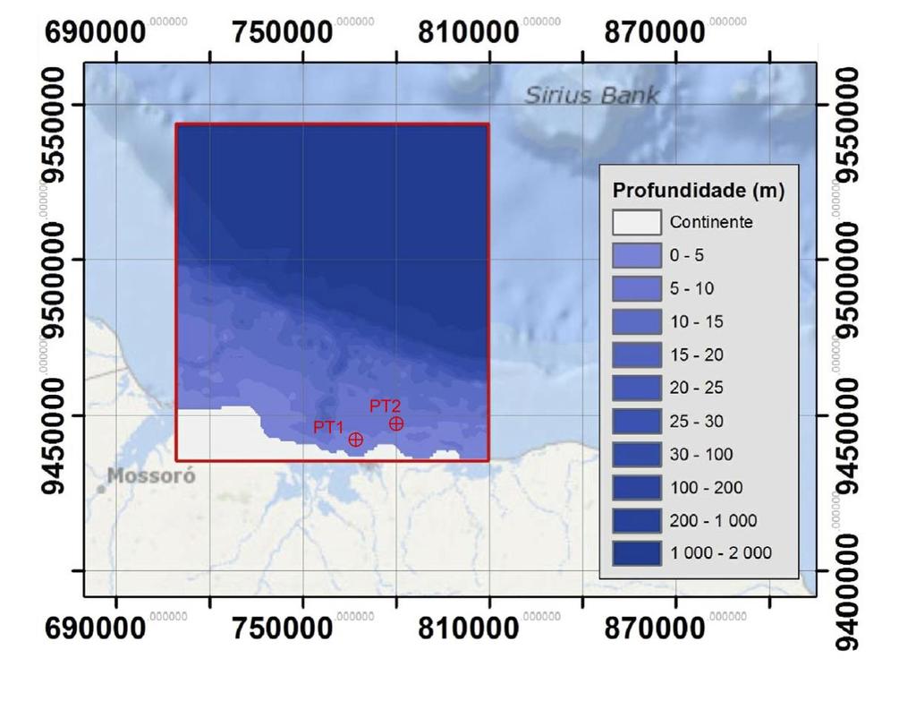 um aumento abrupto das profundidades, passando a verificar-se profundidades entre os 200 e os 2000 m. Figura 4.4 - Batimetria da área de estudo e localização dos pontos de medição. 4.2. DADOS DISPONÍVEIS 4.