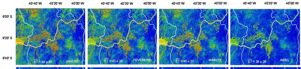 Devido à necessidade do uso de imagens de 213 e 214 para cobertura de todas as condições termo hidrológicas de 215, para as análises dos valores mensais da ET neste último ano houve a necessidade de