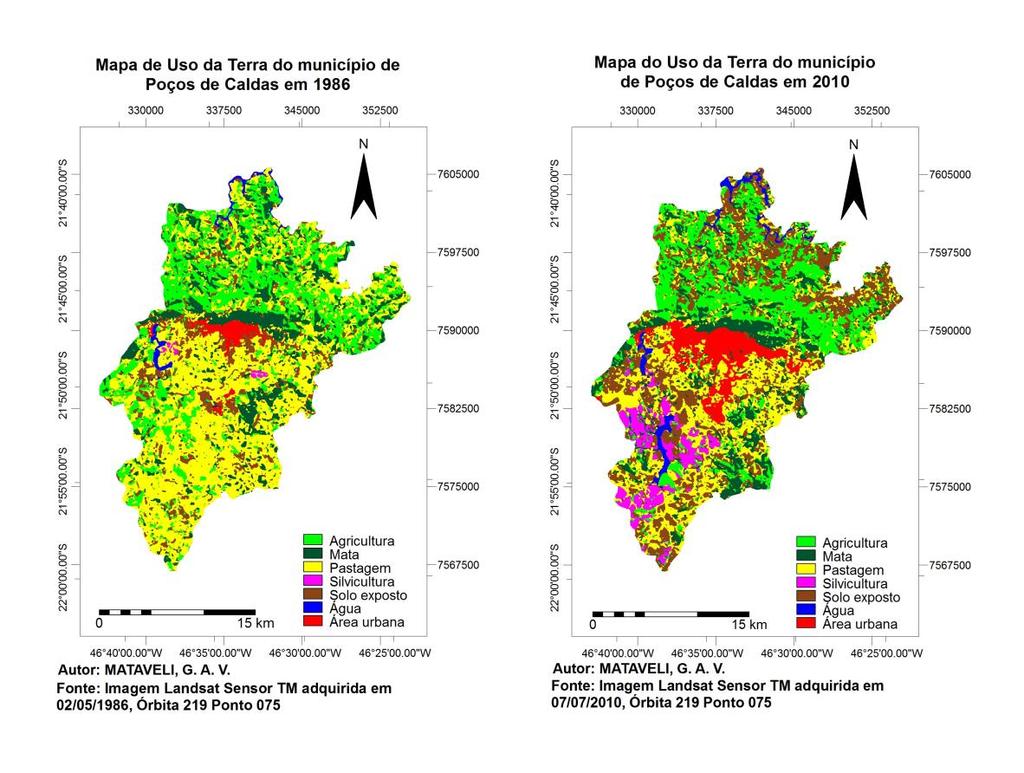 Figura 4: Mapas de uso da terra do município de Poços de Caldas nos anos de 1986 e 2010 Outro fator que chama a atenção é a queda nas áreas destinadas à pastagem e a agricultura, o que mostra uma