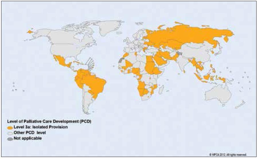 Cuidado Paliativo: Diagnóstico situacional do Brasil em relação ao mundo (OMS, 2014) Brasil (grupo 3a): CP com escopo multifacetado e sem apoio adequado, com financiamento altamente