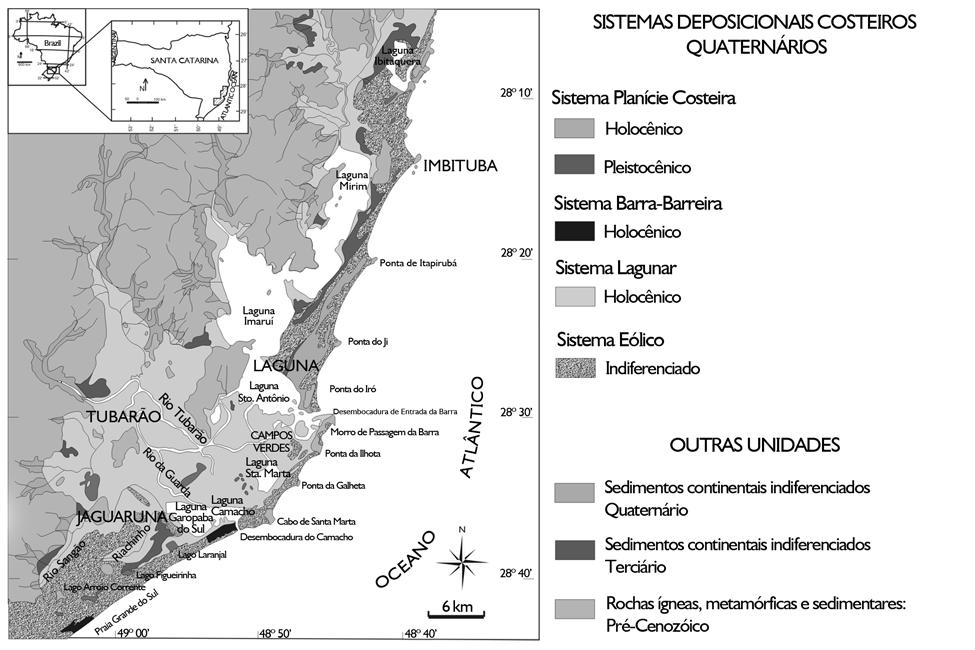 Interações entre evolução sedimentar e ocupação humana pré-histórica... Figura 1. Mapa de sistemas deposicionais do litoral centro-sul catarinense (modificado de Giannini e Santos, 1994).