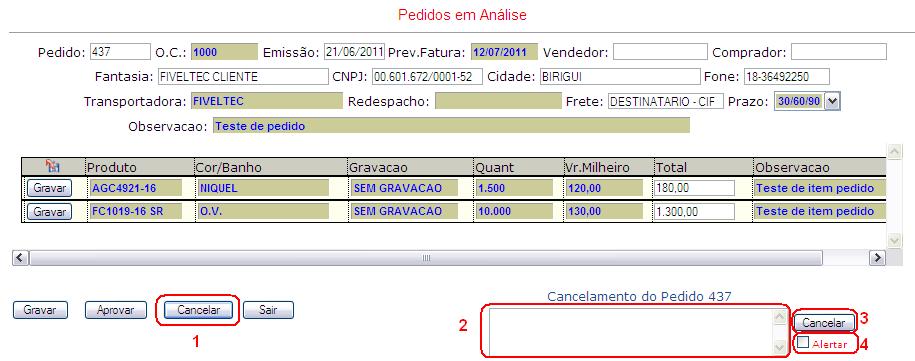 16 Cancelamento de Pedidos. LOCAL: Atendimento\Aprovação de pedidos. Figura 21 FUNÇÕES 1 Botão para cancelamento de pedido. 2 Campo inserir histórico para cancelamento. 3 Cancela pedido.