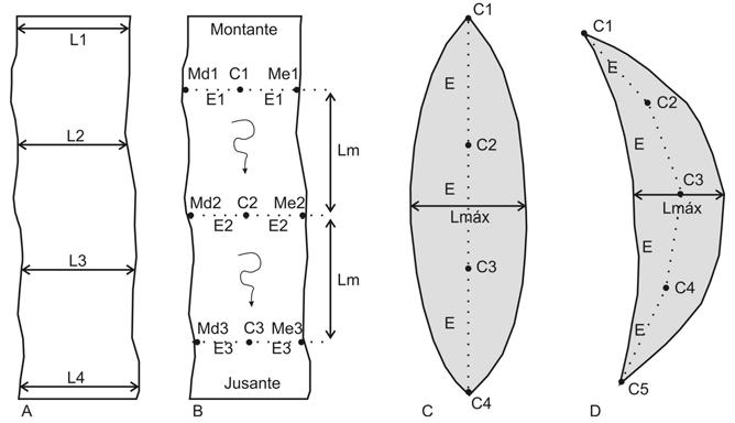 Cláudio Eduardo Lana et al. Figura 2 - Mapa de detalhe do segmento estudado, mostrando os locais de amostragem de sedimentos. Modificado de Lana (2004). Escala de levantamento 1:400.