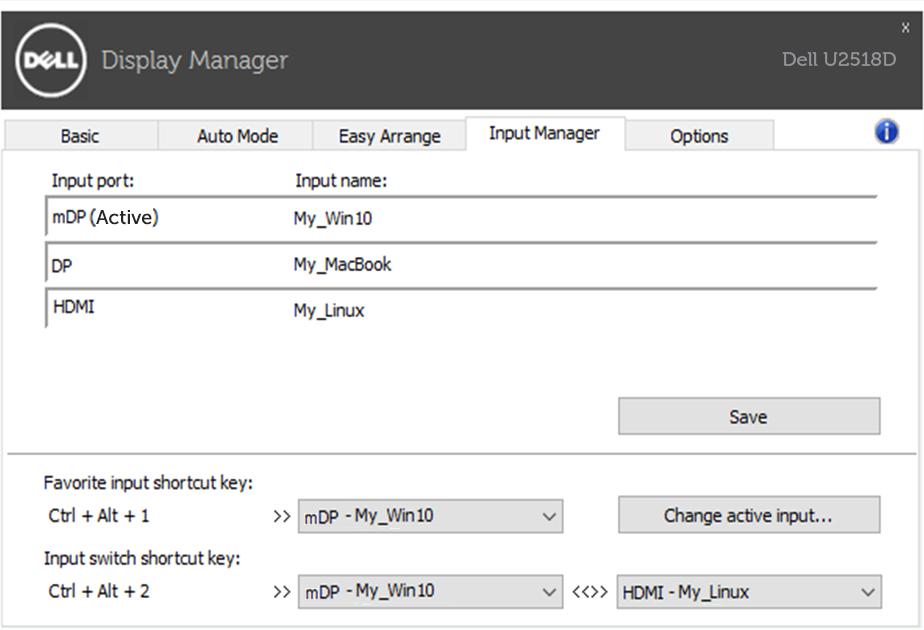 Gerenciando Entradas Múltiplas de Vídeo A aba de Input Manager(Controle de Entrada) fornece maneiras convenientes para que você controle as entradas de vídeo múltiplas conectadas ao seu monitor Dell.